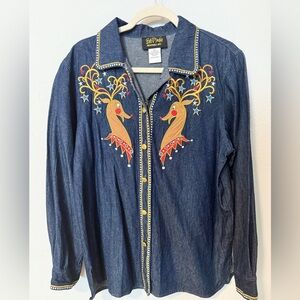 Bob Mackie Christmas Denim Blouse with Embroidered Gold and Red Reindeer Large